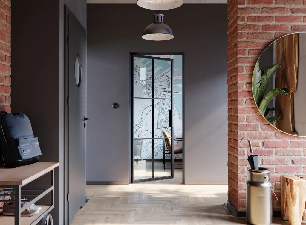 Glass interior door with map design