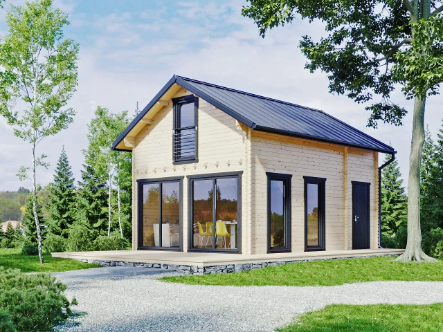 Moderní dřevěná chata s velkými okny pro celoroční bydlení