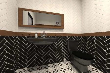 Moderní koupelna s retro stylizací v černobílém pruhovaném dlaždicovém vzoru.