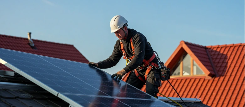 Montáž fotovoltaických panelů na střechu rodinného domu.