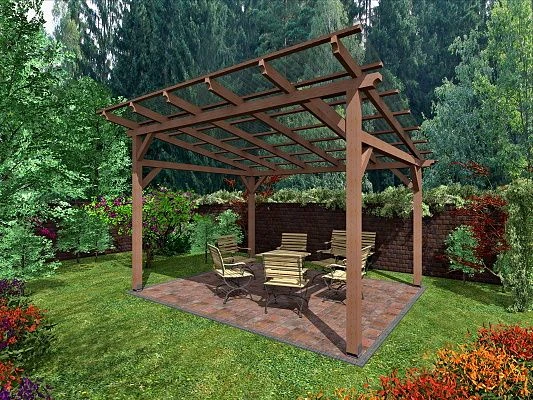 Dřevěná zahradní pergola s posezením uprostřed zelené zahrady.