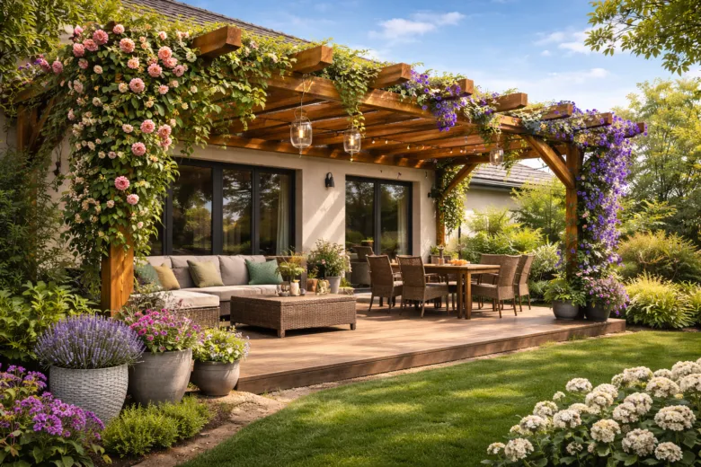 Dřevěná pergola s sedacím místem u domu.