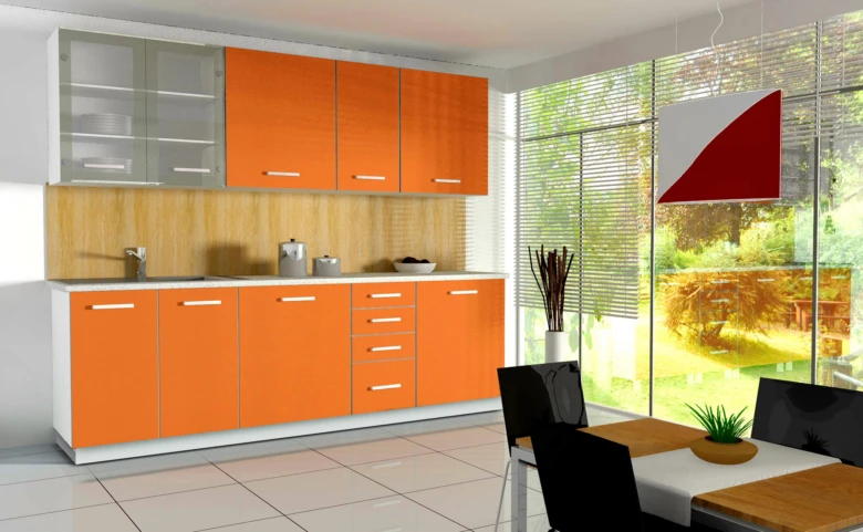 Moderní oranžové kuchyňské skříně s výškou a rozměry pro linku.