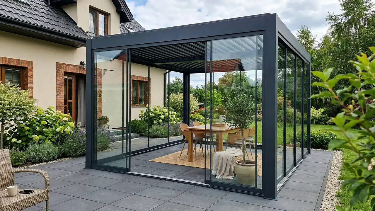 Skleněná pergola připojená k domu s jídelnou uvnitř.