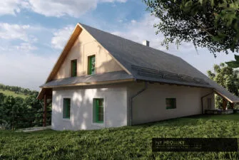 Moderní dům s zelenými okny na pozadí trávníku.