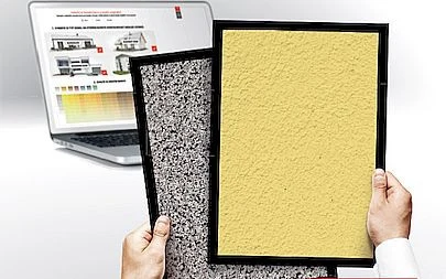 Ruční držení vzorků omítek před notebookem s technickými informacemi.