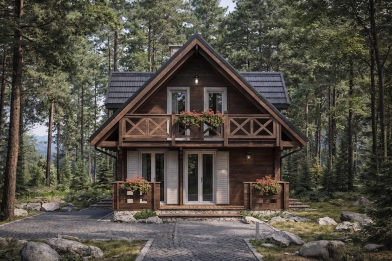 Dřevěná chata v lese s balkony a kvetoucími záhonky.