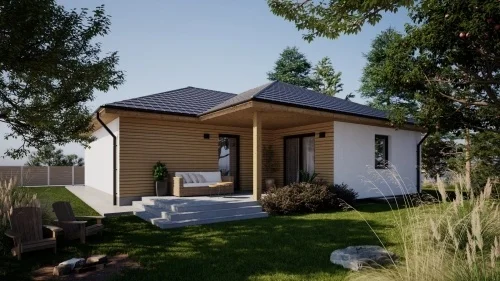 Moderní dřevostavba na klíč s venkovním posezením v zeleném prostředí.
