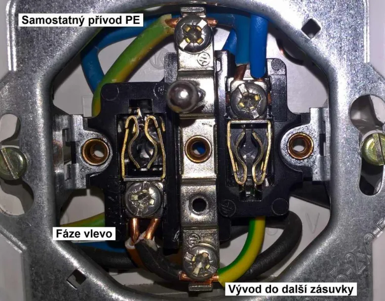 Zapojení zásuvky s označením fází a nulového vodiče.