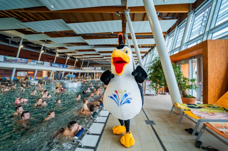 Panda maskot stojí v bazénu plném lidí.