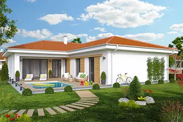 Moderní bílý bungalov ve tvaru L s bazénem na zahradě.