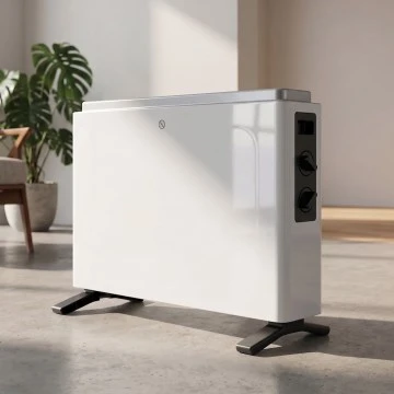 Bílý elektrický přímotop na zeď v interiéru s rostlinou.
