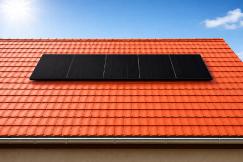 Fotovoltaické panely na červené střechě domu.