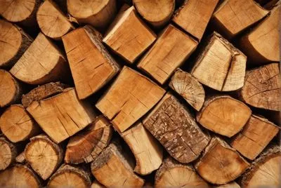 Skládané dřevo pro topení s viditelnou strukturou a vlhkostí.