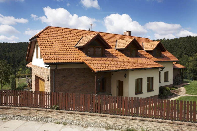 Dům s pultovými i střešními vikýři na pozadí lesa.