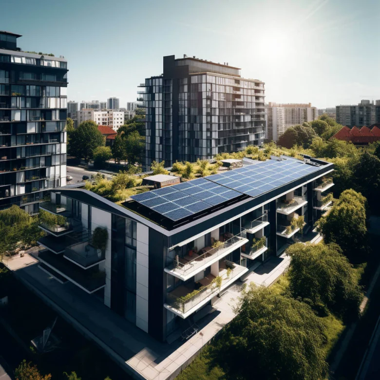 Moderní panelový dům s fotovoltaickými panely na střeše.