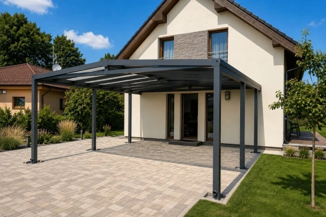 Moderní hliníková pergola na zahradě před domem.