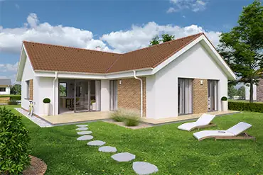 Moderní bílý bungalov tvaru L s hnědou střechou na zelené trávě.