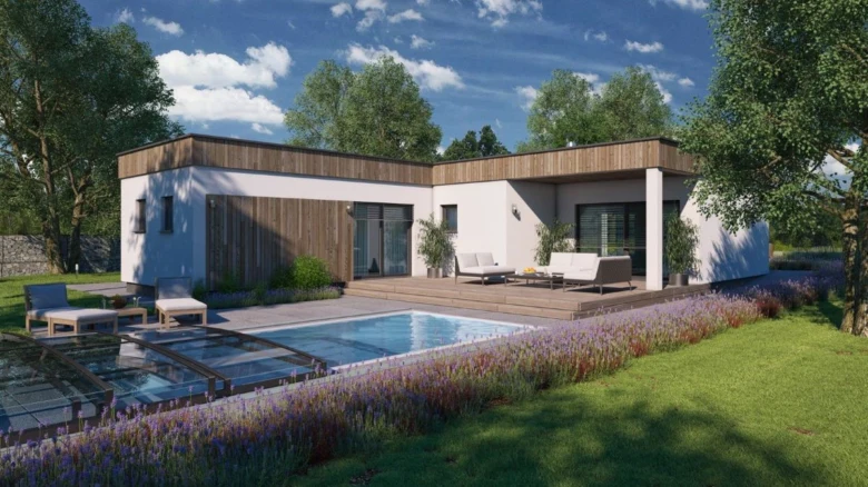 Moderní L-bungalov s bazénem a zahradním posezením