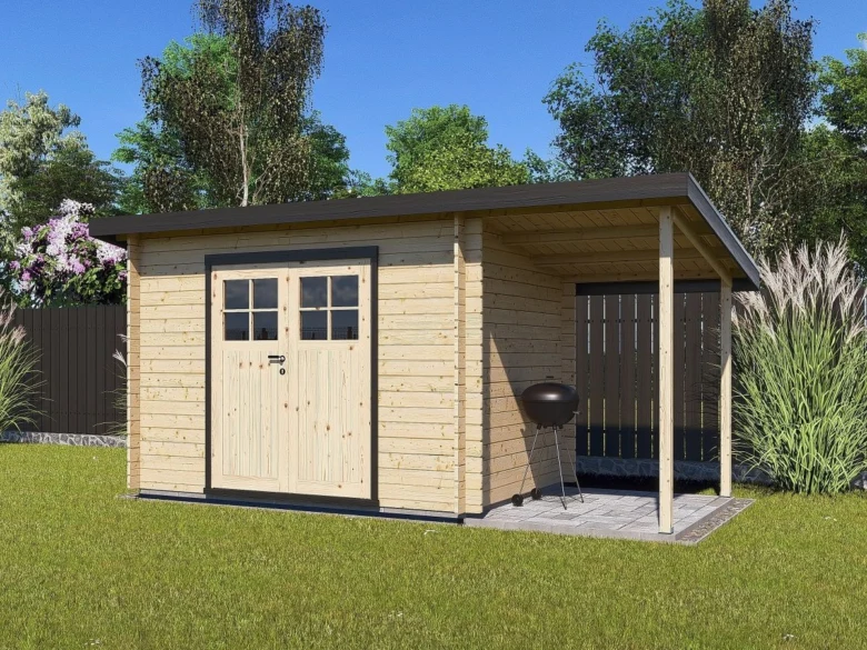Moderní dřevěný zahradní domek s přístřeškem pro grilování.