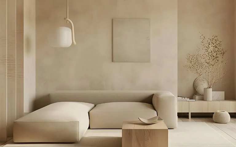 Interiér s béžovou pohovkou a neutrálními odstíny v moderním designu.