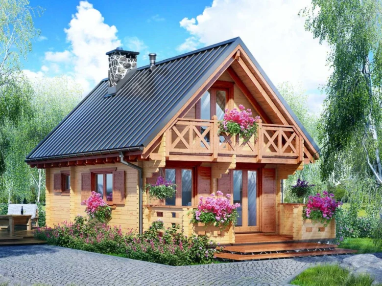 Dřevěná chata s kvetoucími rostlinami na pozadí modré oblohy.
