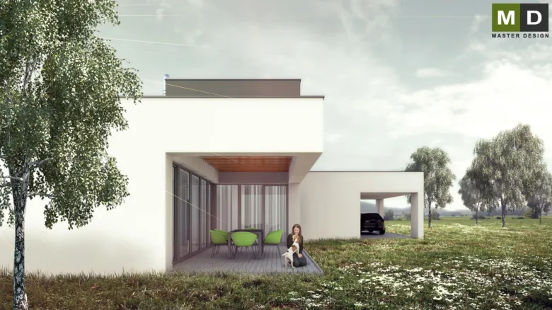 Moderní bílý bungalov ve tvaru L s terasou pro venkovní oběd.