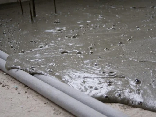 Čerstvý beton se rozlévá po povrchu s viditelnými bublinami.